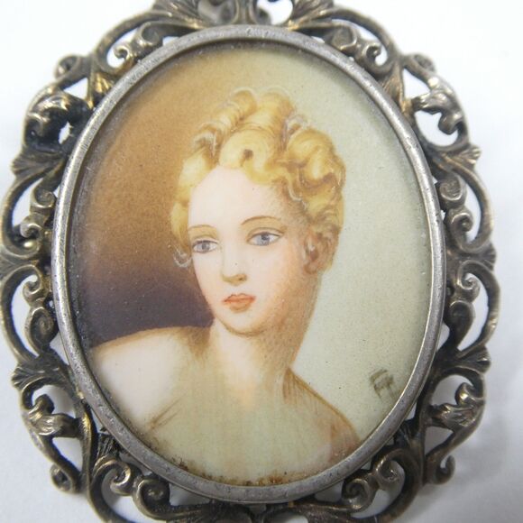 Antique Miniature Portrait Pendant 800 Silver Frame 1.5" - Picture 6 of 13